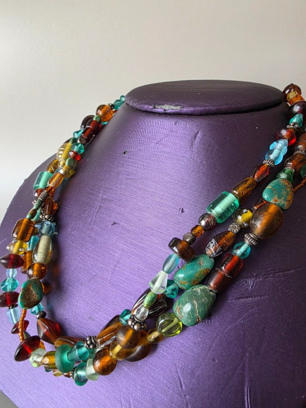 Artisan Multi Strand Gemstone Necklace Sterling Silver 925 Floral Filigree